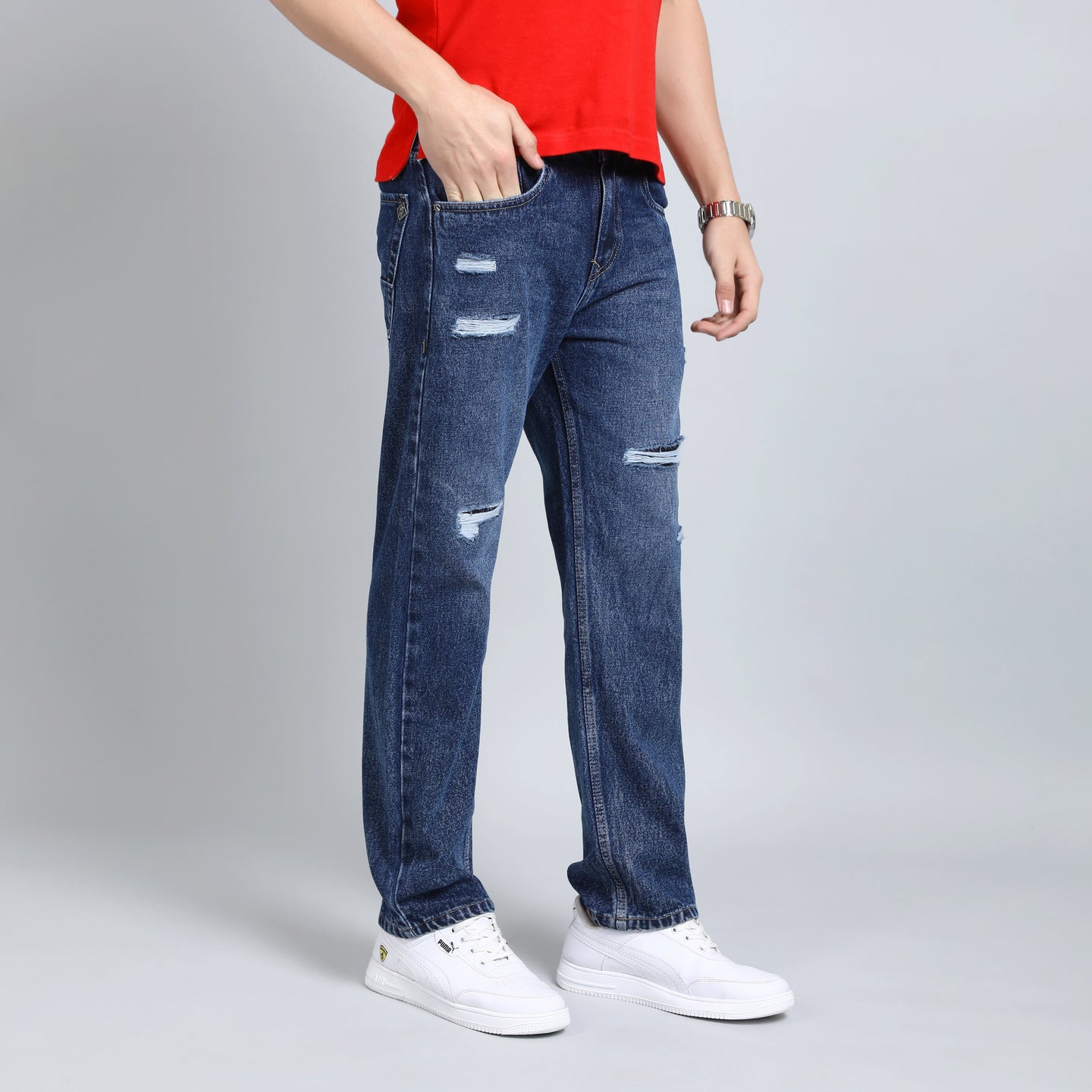 BLUE BAGGY FIT DISTRESSED JEANS TEDDY 4715-1